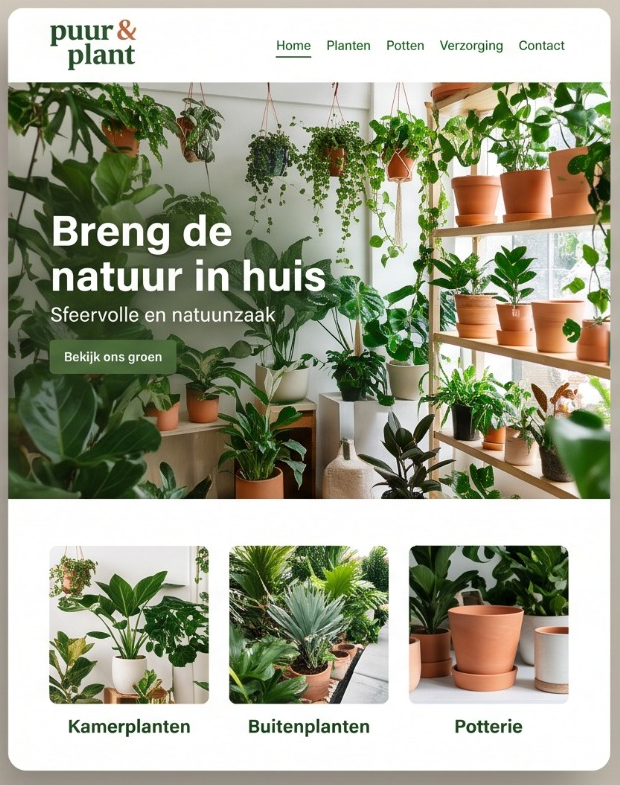 Websiteconcept Puur & Plant: groene plantenwinkel met frisse, natuurlijke uitstraling