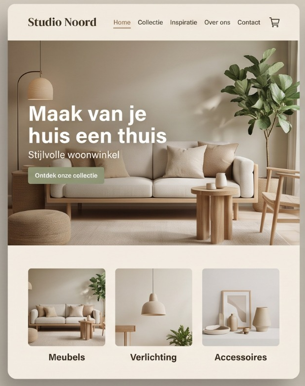 Websiteconcept Studio Noord: stijlvolle woonwinkel met warme, rustige uitstraling